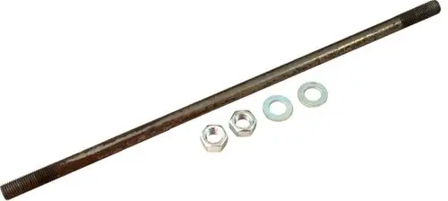 Zugstange aus Metall mit Gewinde an beiden Enden, begleitet von zwei Unterlegscheiben und zwei Muttern, hergestellt von Wolf, auf einem weißen Hintergrund.